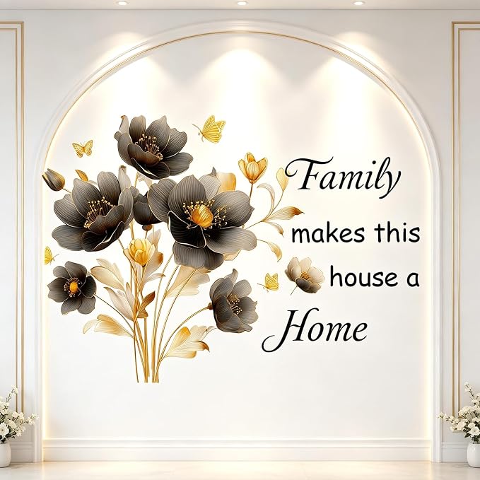 Floral Flower Family Quotes Butterflies Peel and Stick Wall Decor Decals | Elegant gold flower removable vinyl wall stickers mural with "Family makes this house a home" quote for living room bedroom - Image 6