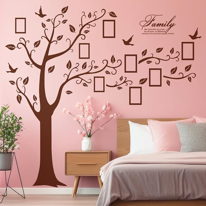 Large Family Photo Tree Wall Sticker 3D Peel and Stick Vinyl Photo Frame Tree Wall Decals Removable Quotes Leaf and Birds Wall Decor for Home Kids Bedroom Living Room Classroom Nursery (Right, Brown) - Image 6