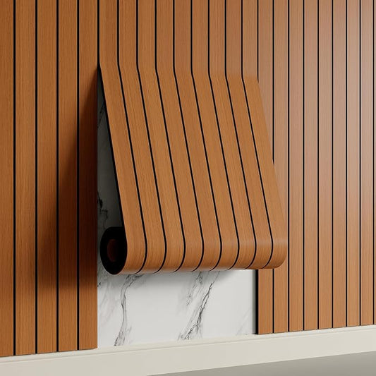 Yutianli PVC Slat Wall Panel Peel and Stick 236"x 15.7" Faux Wood Slat Panel Artificial Walnut Wood Grain Self-Adhesive Soundproof 3D Wall Panel for Walls and Ceilings by Yutianli
