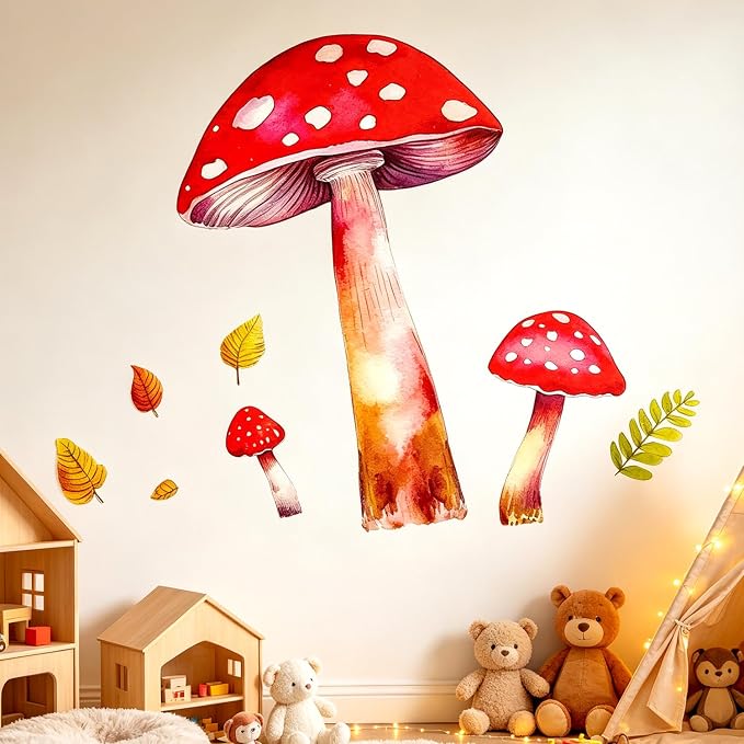 Red Mushroom Woodland Fall Leaves Nursery Wall Decals for Kids Room Decor | Boho watercolor peel and stick removable vinyl DIY wall decor sticker for kids nursery living room bedroom playroom classroom - Image 3