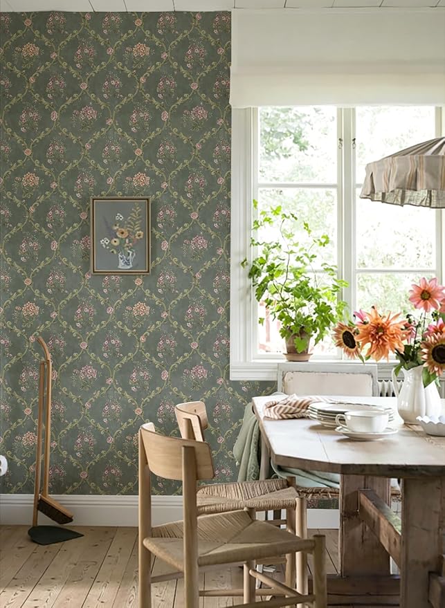 Dark Green Peel and Stick Wallpaper Floral Wallpaper 16.9in×118in | Self Adhesive Vintage Floral Wallpaper Removable Boho Contact Paper Green Wallpaper Waterproof for Bedroom Nursery Cabinets - Image 6