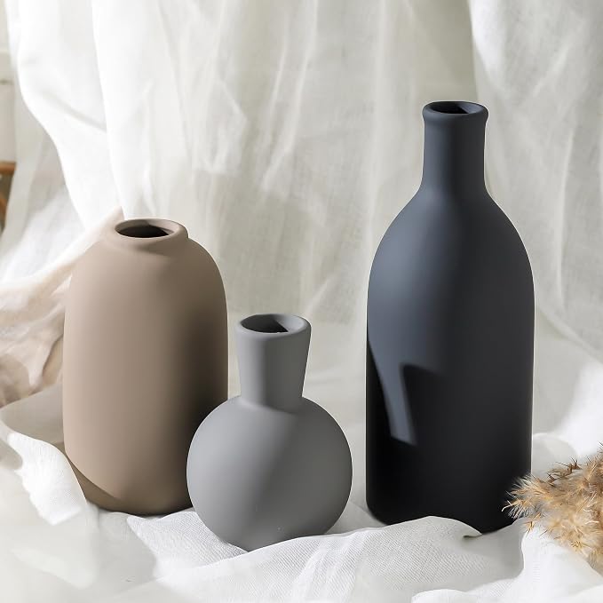 Ceramic Vase Set of 3, Rustic Farmhouse Vases Home Decor Pottery Pampas Vase Decoration Modern Neutral Flowers Vases for Room Decor, Entryway, Living Room, Table, Kitchen, Bedroom - Multicolor - Image 6