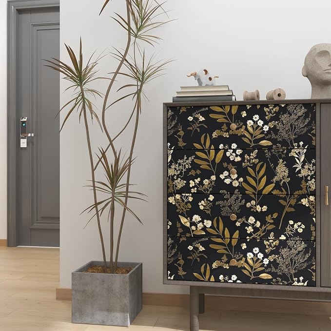 Laatse Vintage Floral Peel and Stick Wallpaper 17.5'' x 787'', Black Gold | Self Adhesive/Removable/Waterproof/Thick Vinyl Extra Long Contact Paper for Bathroom Bedroom Shelf Cabinet Drawer,Prepasted - Image 2