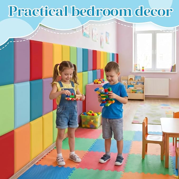 Hahafelt 48 Pack Wall Padding for Playroom Peel and Stick Headboard 15.75" x 7.87" x 1.18" 3D Anti Collision Upholstered Wall Panels Self Adhesive Headboard Panel for Protection (Rainbow Colors) - Image 4