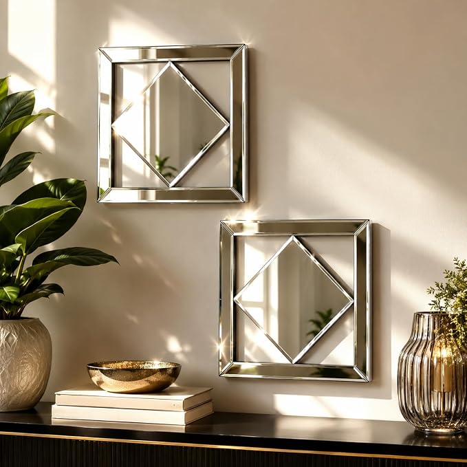 Square Decorative Wall Mirror 12 x 12 Inch, Silver Frameless Mirror Wall Decor with Beveled Edge, Modern Wall Mounted Accent Mirror for Living Room, Bedroom, Hallway, Set of 2 by OPULINEA