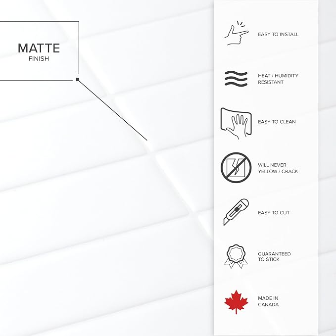 Smart Tiles Peel and Stick backsplash, Stacked Pure White, 11.43"x9" | Pack of 5 (3.5 sq ft), Matte, Heat/Moisture Resistant, Low VOC, Kitchen/Bathroom, Renter Friendly, Made in Canada - Image 4