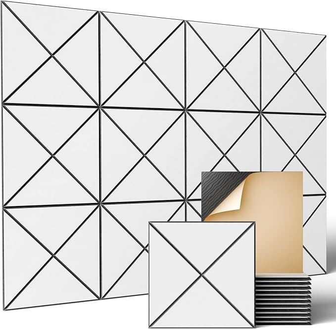 Sonicism 20 Pack X-Lined Acoustic Panels with Self-Adhesive, 12" X 12" X 0.4" Sound Proof Foam Panels, Decorative Soundproof Wall Panels, Sound Absorbing Tiles for Home & Offices (BlackBase+WhiteFace) by Sonicism