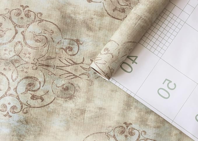 HAOKHOME Vintage Wallpaper Peel and Stick French Country Victorian Damask | Textured Removable Retro Wall Paper Waterproof Mist Blue Brown Traditional Farmhouse Elegant Bathroom Bedroom 17.3in x 9.8ft - Image 6