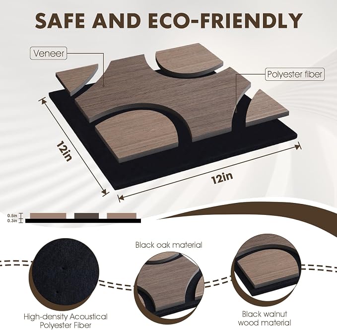 Wood Slat Panels, 12 Pcs 11.8"x11.8",Bean & Heart Black Walnut | 3D Fluted Wood Acoustic Panel Sound Absorbing Panel for Bedroom, Office, Interior Decor, (15.5ft²) Soundproof Panels - Image 3