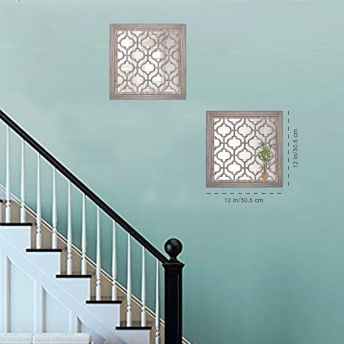 Yudarte 2pcs Set Square Moroccan Cutout Wall Mirror Decor - Farmhouse Rustic Decorative Mirrors for Bedroom Bathroom Living Room Kitchen Entryway 12x12 Inches - Image 3