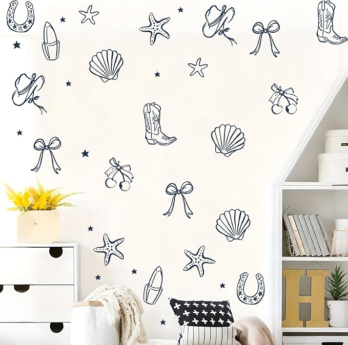 Seaside Cowgirl Wall Decals, Peel and Stick Under the Sea Coastal Cowgirl Mural, Western Beach Wall Stickers for Kids, Boys and Girls Room & Nursery Decor (Dark Blue Cowgirl Bow Wall Decals) - Image 4