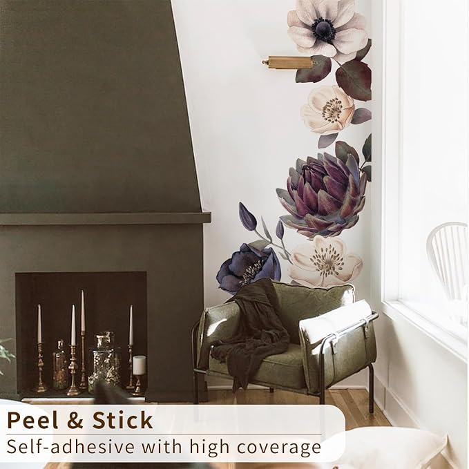 Peel and Stick Floral Wall Decals DIY for Bedroom Living Room | Large Dark Moody 8 Flowers Fabric Wall Stickers, Self-Adhesive Freestyle Layout, Largest 15.35"x28.35" Peony Rose - Image 8