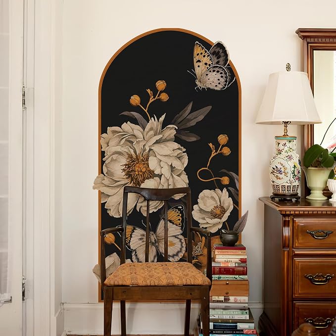 Boho Arch Wall Decals Vintage Floral Wall Sticker Peel and Stick 60"x 34.6" | Large Brown Flower Mural for Door Decor Removable Warm Peony Butterfly Wall Decal for Bedroom Living Room Office - Image 3