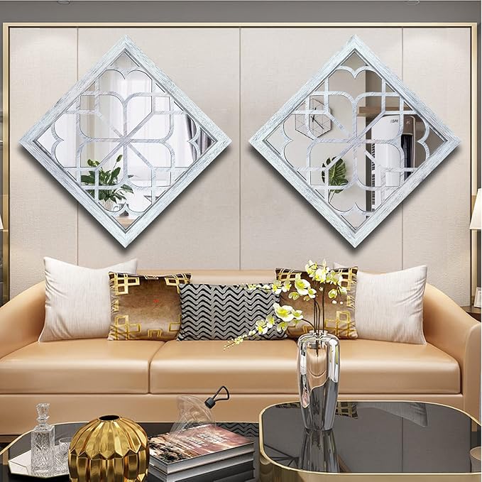 Wocred 2 PCS Square Wall Mirror,Gorgeous Rustic Farmhouse Accent Mirror,Rustic White Color Entry Mirror for Bathroom Renovation,Bedrooms,Living Rooms and More （20”） - Image 5