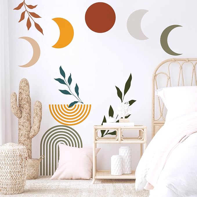 Boho Mid-Century Sun and Moon Wall Decals Peel and Stick, Large Arch Vinyl Wall Stickers, Removable Leaves Home Decor Art for Bedroom Living Room Classroom Office - Image 5