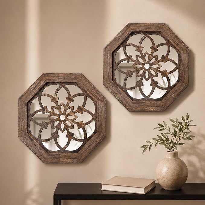 2 Pack 12 Inch Octagon Maroon Rustic Wood Frame Acrylic Wall Mirrors, Farmhouse Boho Wall Art Decor for Living Room, Bedroom, Hallway, Entryway, Bathroom & Office by HMANGE