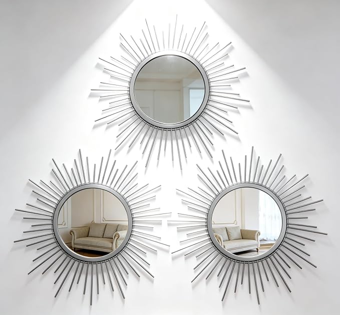Silver Sunburst Mirror Set of 3, 3PCS Metal Round Decorative Wall Mirrors, Starburst Accent Mirror Wall Decor for Bathroom, Living Room, Bedroom & Entryway by HMANGE