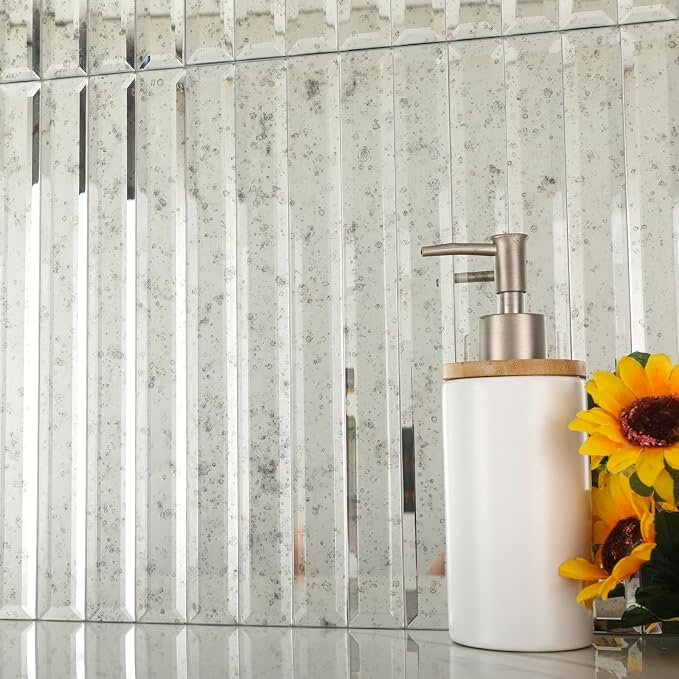 Diflart Beveled Mirror Backsplash Tiles for Kitchen, Light Antique Strip, 12x12 Inch, Mirror TIile for Bathroom Accent Wall, Pack of 5 Sq.ft by Diflart