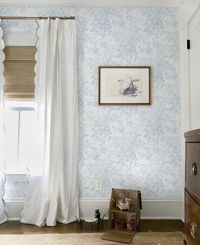 Heroad Vintage Peel and Stick Wallpaper Blue Floral Contact Paper Toile Leaf Removable Wall Paper Self Adhesive Stick On Wallpaper for Girls Nursery Bathroom Renter Friendly Vinyl Roll 17.3''X78.7'' - Image 6