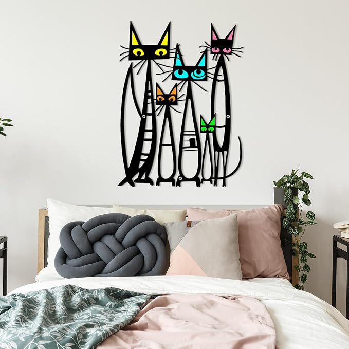 Wesiti Metal Cat Wall Art Decor 10.6x15.7 Inches Colorful Mid Century | Iron Sculpture with 5 Felines, Retro Pictures, Living Room Bedroom Kitchen Decor, Geometric Design, Lover Gift - Image 6