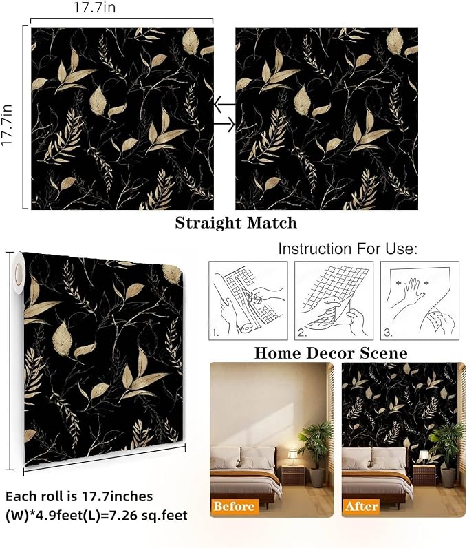 Dark Black and Gold Leaf Peel and Stick Wallpaper 17.7" x 59" | Self-adhesive removable waterproof leaf design for bedroom accent walls and renter friendly spaces - Image 4
