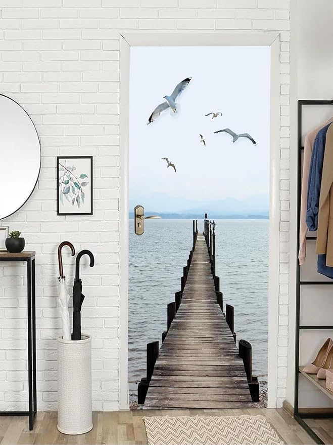 artfanke 3D Peel and Stick Door Sticker 30.3"x78.7"-Self-Adhesive Door Wallpaper Murals Decal-Wood Bridge Birds Wall Poster for Bedroom Home Decor (2 Sheets/Set) by artfanke
