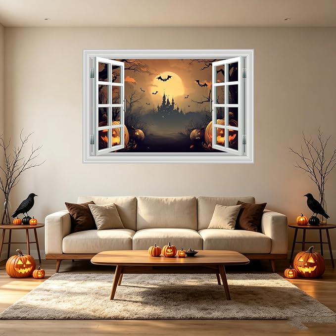 Halloween Decorations Fake Window Wall Decals，Full Moon Night View Terror Castle Pumpkin Bat Spooky Wall Art Poster Sticker Decal ，for Home Halloween Party Scary Scene Decor Peel and Stick 16“x24” - Image 3
