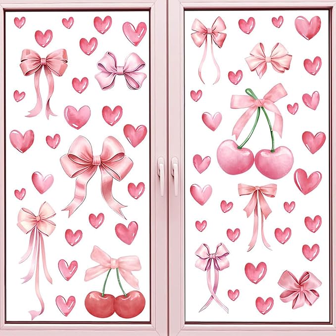 Arawat 58pcs Bowtie and Cherry Room Decor Pink Wall Stickers and Decals for Bedroom Bathroom and Living Room Cherry Wall Sticker and Decal Bow Decor - Image 5