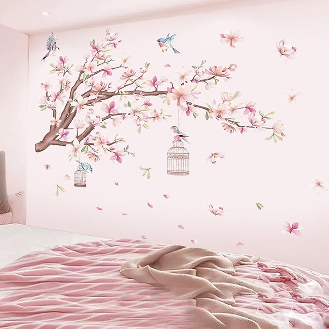 Cherry Blossom Flowers Wall Decals Decor Vinyl Stickers, Magnolia Floral Tree Branch Birds Wall Art Murals, Flower Pattern Wall Stickers for Girls Bedroom Living Room Nursery Decor - Image 4