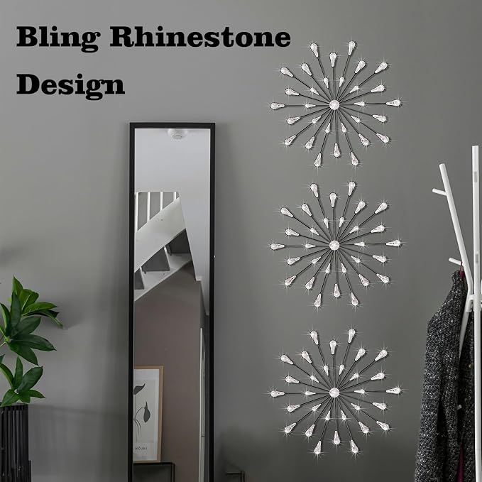 ZEXUIRU 3 Set Black Starburst Wall Art for Home Decor Metal Bling Crystal Rhinestones Sunburst Wall Decor Sparkling Rhinestone Art Accent Black - 18in - Image 2