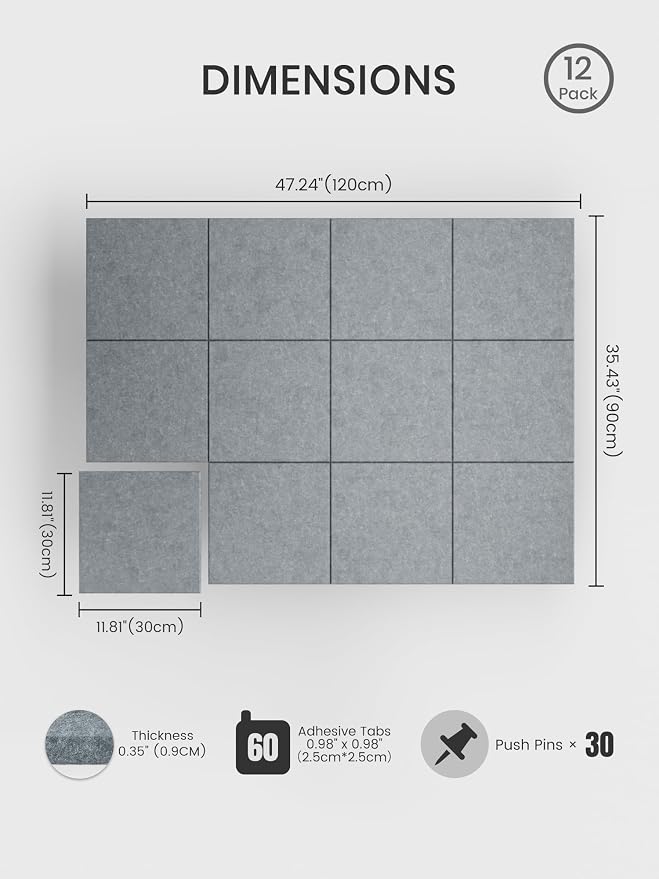 Bumusty 48"x 36" Large Felt Bulletin Board Tiles, Blue Gray | 12-Pack Cork Board Alternative, Wall Decor, 30 Pushpins, 60 Adhesive Tabs, Vision Board, Office, Classroom, Home, Dorm - Image 2