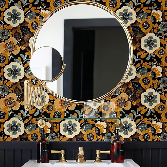 MuralPeel Boho Vintage Floral Orange Yellow Brown Flowers in Black Peel and Stick Wallpaper Self Adhesive Removable Easy Peel Off Contact Paper Stick on Wall Paper for Bedroom Cabinet Renter - Image 4