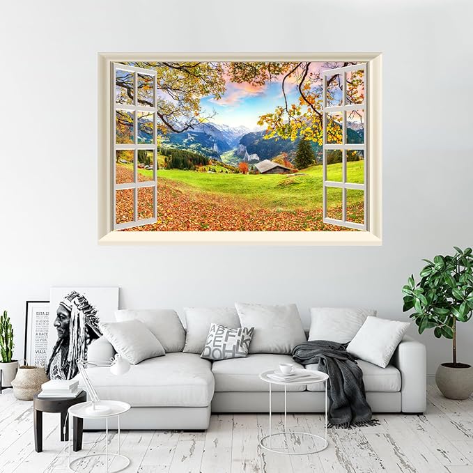 Fake Window Wall Decal- Fall Mountain Tree Grassy Hills Open Wall Sticker | Faux Window Autumn Mountain Rustic Hut Natural Landscape Mural｜Stick and Peel Wall Decals｜Room Decor｜48"x32",Set of 2 Sheets - Image 6