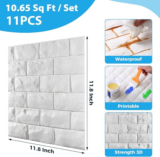 11 Pcs 3d Wall Panels Peel and Stick, White Brick Printable Faux Paneling Self Adhesive Waterproof 3d Wallpaper Stick and Peel for Bedroom, Bathroom, Kitchen, Fireplace (10.65 sq feet Coverage) - Image 2