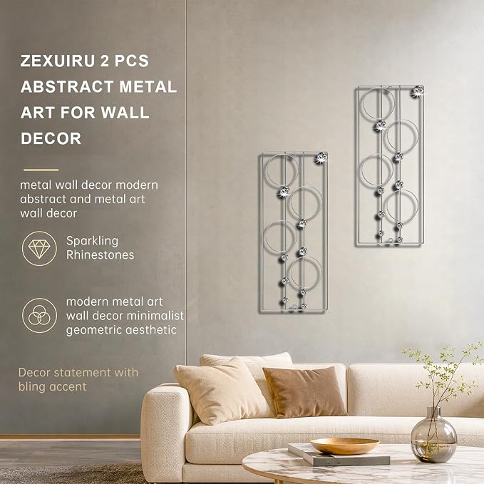 ZEXUIRU 2 Pcs. Abstract Metal Art for Wall Decor Living Room Bedroom Bathroom Office Metal Bling Modern Geometric Hanging Vertical Small Iron Sculpture Plaque Pack -Silver 24in - Image 3