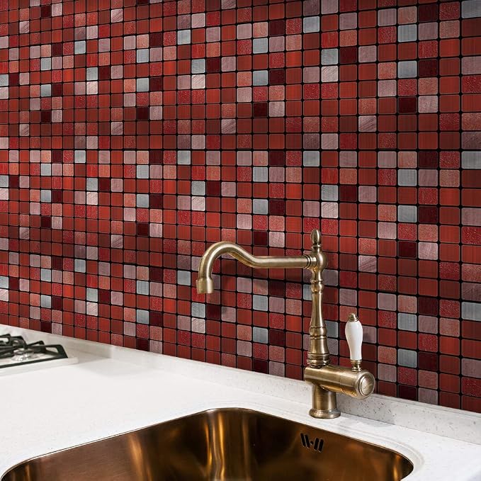 Alwayspon 25 Pcs Brushed Silver Self-Adhesive Peel and Stick Tile Decal, Water-Proof Backsplash Wall Tile Sticker for Kitchen Bathroom Decor, Red Metallic Mosaic, 4x4inch by Alwayspon