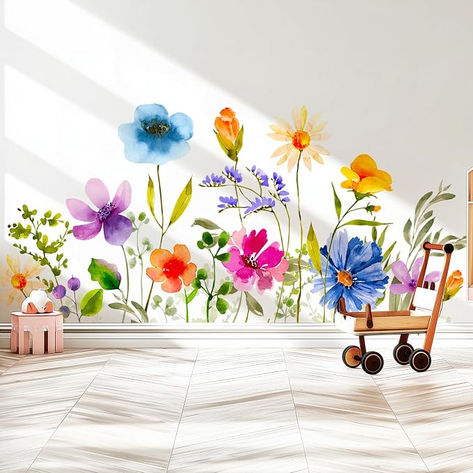 Watercolor Floral Flower Peel and Stick Wall Decals Decor Stickers Art | Colorful botanical wildflower removable vinyl wall art mural DIY kome decoration for bedroom living room nursery girls room - Image 6
