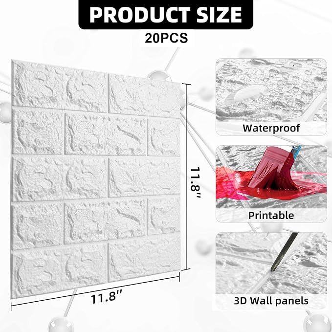 3D Wall Panels Peel and Stick Faux Foam Brick Wallpaper Covering | White 20 PCS 11.8"×11.8" Self Adhesive Stone Wall Tiles for DIY Interior Wall Decor - Image 2