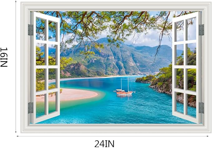 Fake Window Wall Decal- Beach Seascape Mountain Forest Open Wall Sticker | Faux Window Ocean Sailboat Natural Scenery Landscape Art Mural｜Stick and Peel Wall Decals｜for Room Office Scene Decor｜24"x16" - Image 2