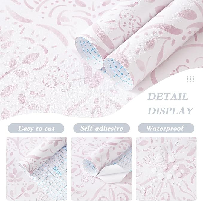 Dimoon Boho Peel and Stick Wallpaper Soft Pink Floral Contact Paper French Flower Wall Paper 78.7''x17.3'' Textured Self Adhesive Watercolor Damask Stick On Wallpaper for Bedroom Bathroom Decor Vinyl - Image 3