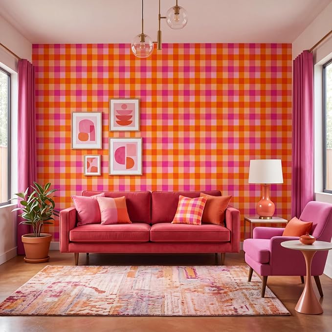 Drydiet Pink and Orange Plaid Wallpaper Peel and Stick 15.8 x 118.1 | Self Adhesive, Checkered Design, Easy Apply Remove, for Home Locker Dorm Classroom Living Room Decor - Image 4