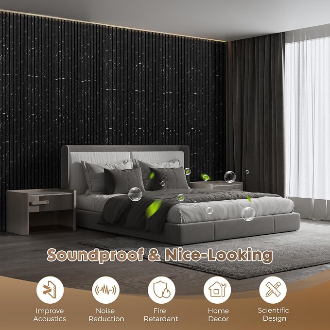 Wood Slatwall Panels, 2 Pack 94.5"x12.6"(16.5ft²) Acoustic Wall Panels | Wood Slat Acoustic Panels for Noise Cancelling and Home Decor, Living Room, Bedroom, Office, Black Marble - Image 5