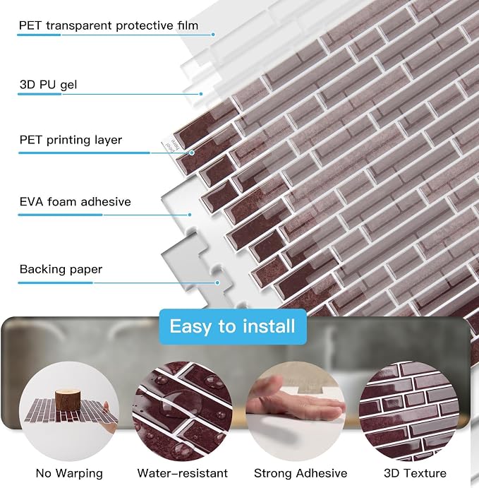 Art3d 10-Sheet Heavy-Duty Peel and Stick Backsplash, Waterproof Wall Tiles Stick on Kitchen Backsplash Living Space, Dark Burgundy - Image 5