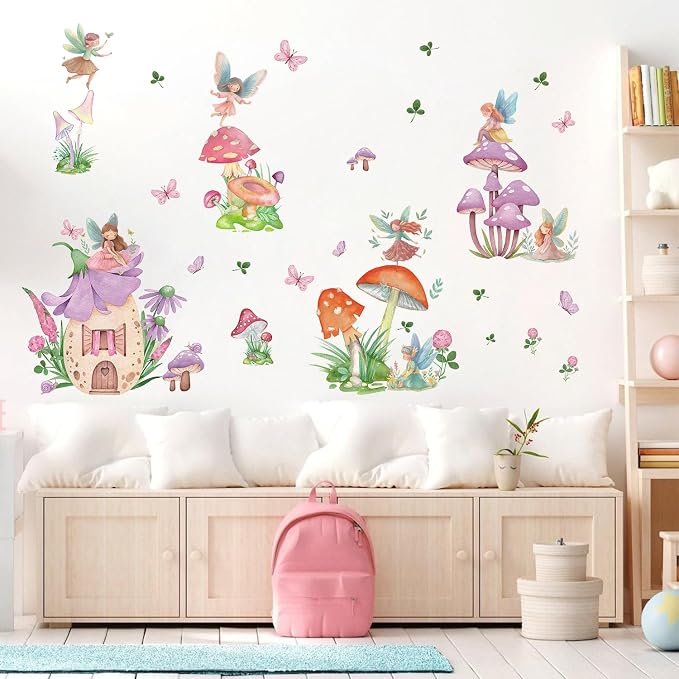 LHIUEM Girls Fairy Wall Decals Butterfly Wall Stickers 39pcs Flowers Wall Decal for Girls Room Removable Vinyl Decals Dacing Girl Mushroom Wallpaper Forest Fairy Girl Wall Sticker for Bedroom Nursery - Image 5