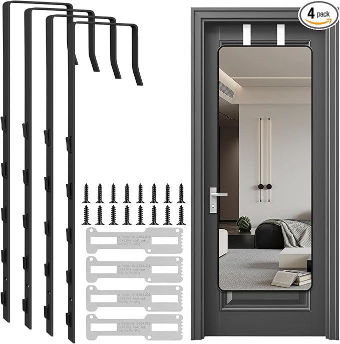 4 PCS Over The Door Mirror Hanger, Adjustable Door Mirror Hanger, Five-Hole Over The Doors-Mirrors Hook, Mirrors Doors Hangers with 2 Iron Filings and Screws (Black) by Unknown