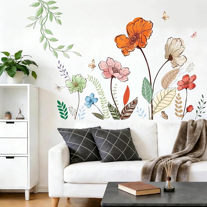 Flower Wall Decals Large Boho Wall Stickers - Wildflower Floral Spring Wall Art Decals Wall Decor Peel and Stick for Living Room Bedroom TV Wall - Image 4