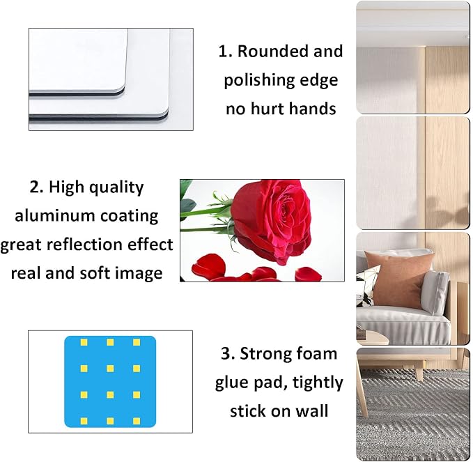 8'' x 8'' x 0.07'' x 6Pcs Acrylic Mirror Tiles for Walls Decor - Image 3