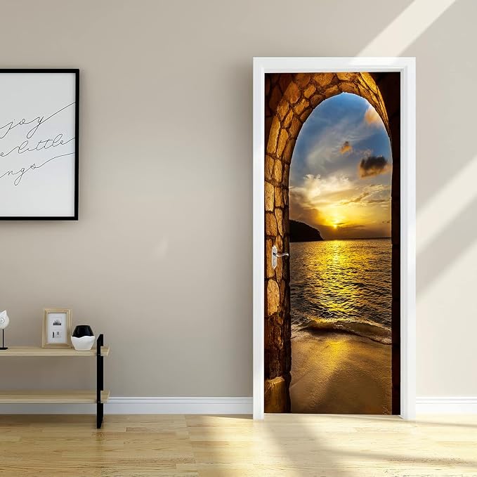 artfanke 3D Door Sticker Peel and Stick 30.3"x78.7"-Self-Adhesive Door Murals Wallpaper - Sunset Beach Arch Ocean Wall Decals Waterproof for Bedroom Decor (2 Sheets/Set) - Image 4