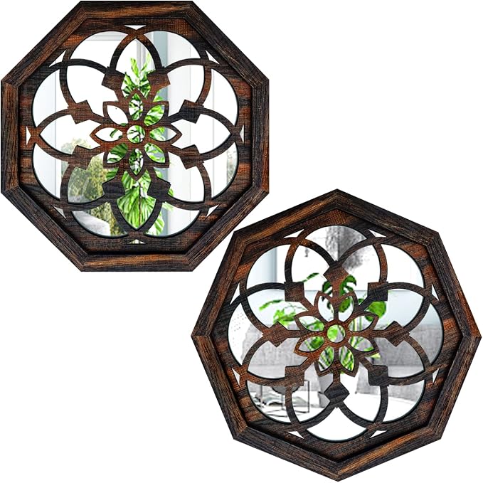 ZOLAPI 2-Piece Octagon Wall-Mounted Mirrors,Vintage Farmhouse Mirror for Wall Decor,Caramel Color Decorative Accent Mirror for Foyer, Bathroom, Bedroom. (12”x12”) by ZOLAPI