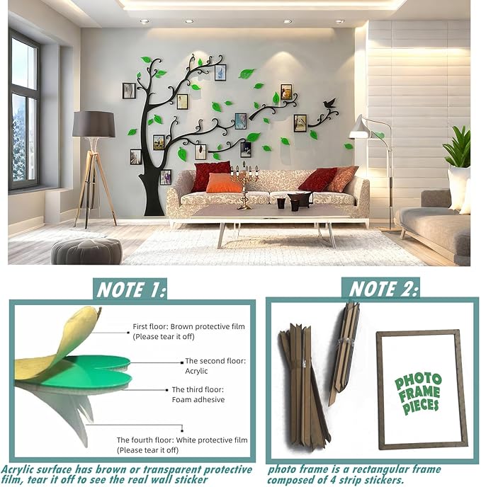 3D Tree Wall Stickers - DIY Photo Frame Tree Wall Decal Family Photo Frame Sticker Murals Wall Decor Living Room Bedroom TV Background Home Decorations (M:83 * 59in,Green Right) - Image 6